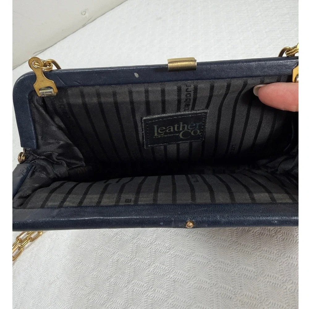Liz Claiborne Vintage Navy Blue‎ Leather Frame Crossbody Bag Gold Chain Strap